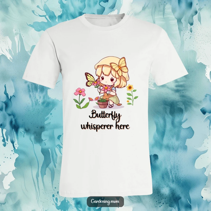 Funny T-Shirt: A cute kawaii gardener character is mesmerized by a beautiful butterfly perched on a blooming flower.