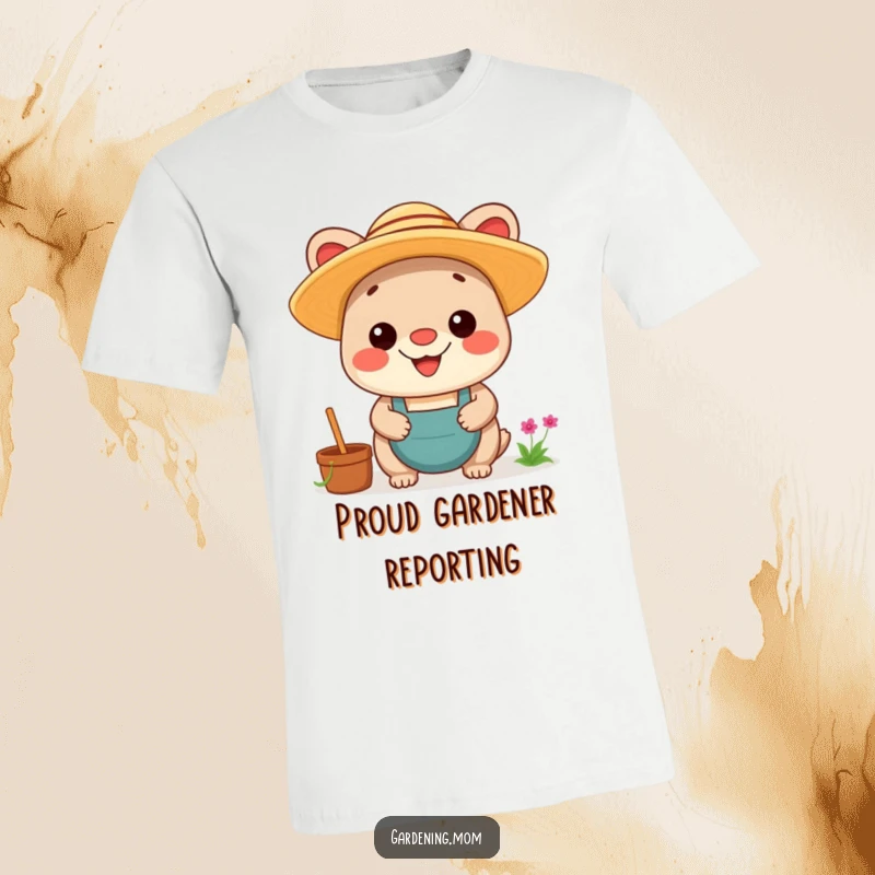 Funny Kawaii Gardening Animal T-Shirt: A cheerful animal in a straw hat, grinning proudly, celebrating gardening success.