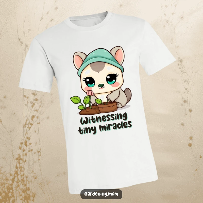 Funny Kawaii Gardening Animal T-Shirt: A delightful animal with big, expressive eyes, captivated by a small, growing sprout.