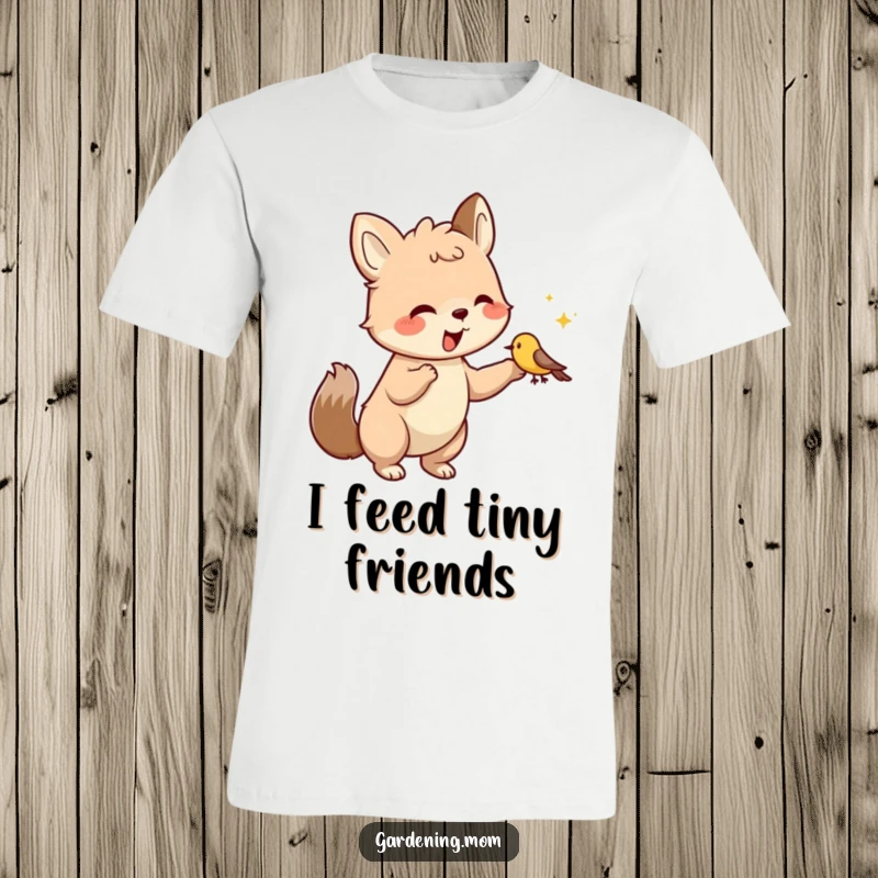 Funny T-Shirt: Tender animal character delicately offering food from hand to a small, chirping bird, radiating warmth and empathy.