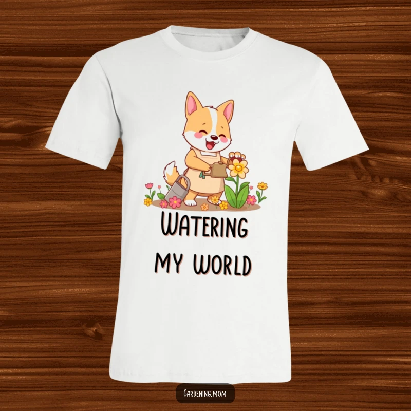 Funny Mama Dog Gardener T-Shirt: A mama dog wearing an apron enthusiastically waters a vibrant flower, embodying joy.