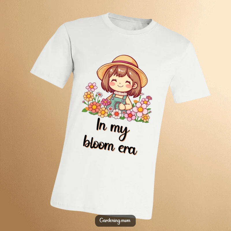 Funny t-shirt depicting a smiling gardening character in a straw hat, happily surrounded by a vibrant display of blooming flowers.