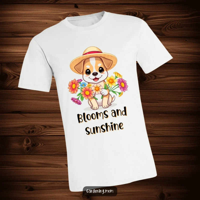 Funny dog in a sun hat holding bright, colorful flowers, cheerful summer apparel, great funny gift.
