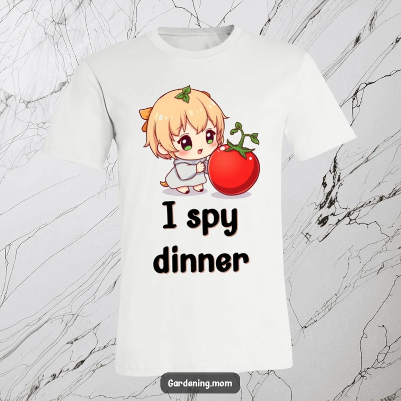 Funny t-shirt featuring a character joyfully admiring a large, ripe tomato, a humorous depiction of veggie love.