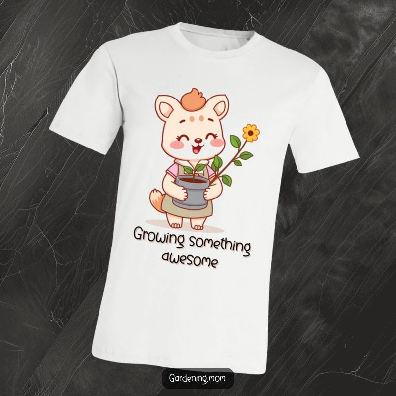 Funny t-shirt with a cheerful gardening mom animal character holding a potted sprout, embodying nurturing care and garden joy.