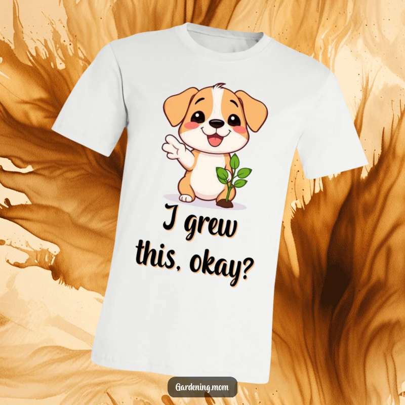 Funny t-shirt showing a proud dog gesturing towards a newly sprouted seedling with a beaming smile.
