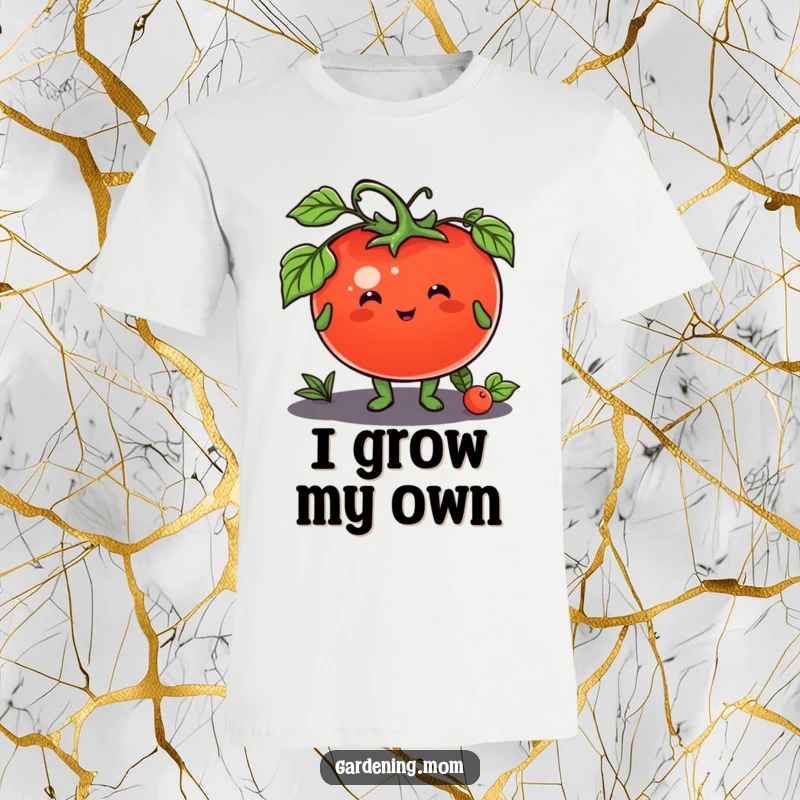 Funny t-shirt of a cheerful gardening animal character proudly presenting a juicy, plump tomato with a welcoming smile.