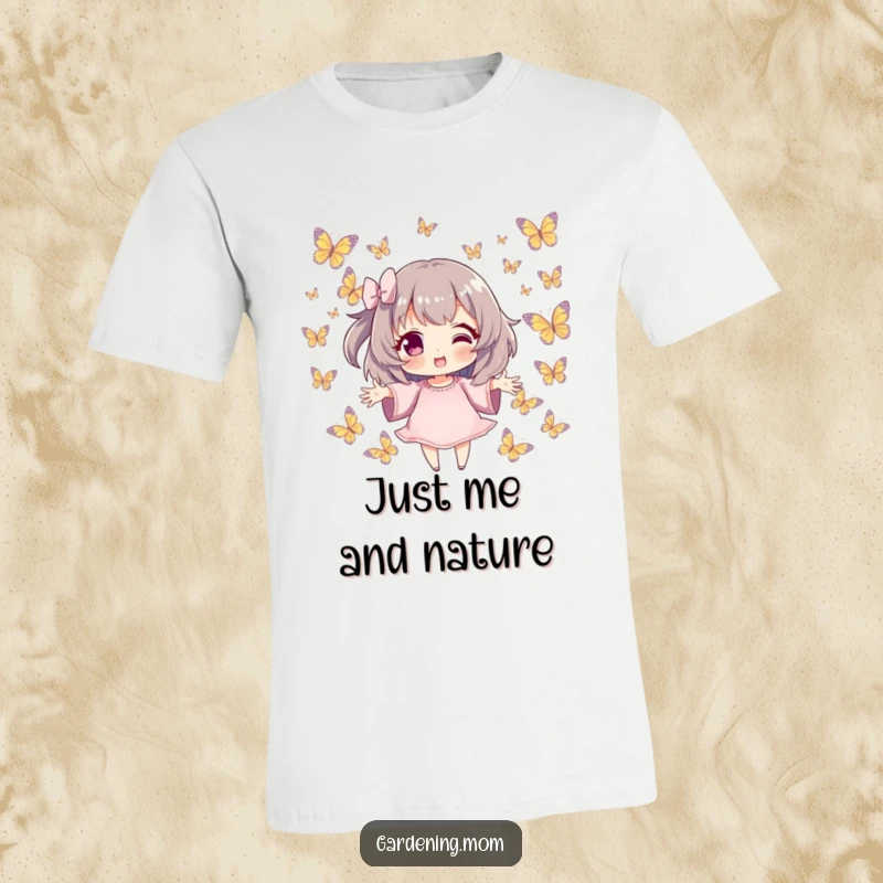 Funny T-Shirt: Character with open arms, surrounded by butterflies, spreading peace and wonder as a funny gift.