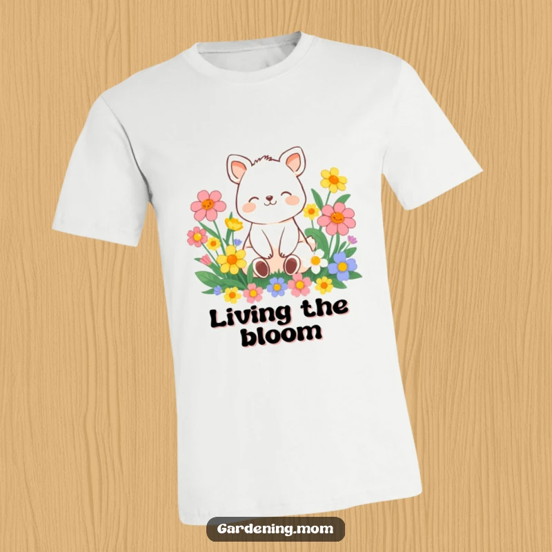 Funny contented animal character sitting amongst vibrant flowers with a peaceful smile, printed on a t-shirt.