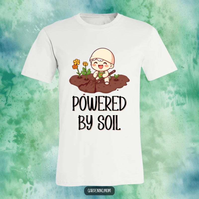 Funny t-shirt featuring a joyful gardening character happily digging with a shovel into rich soil, radiating enthusiasm.