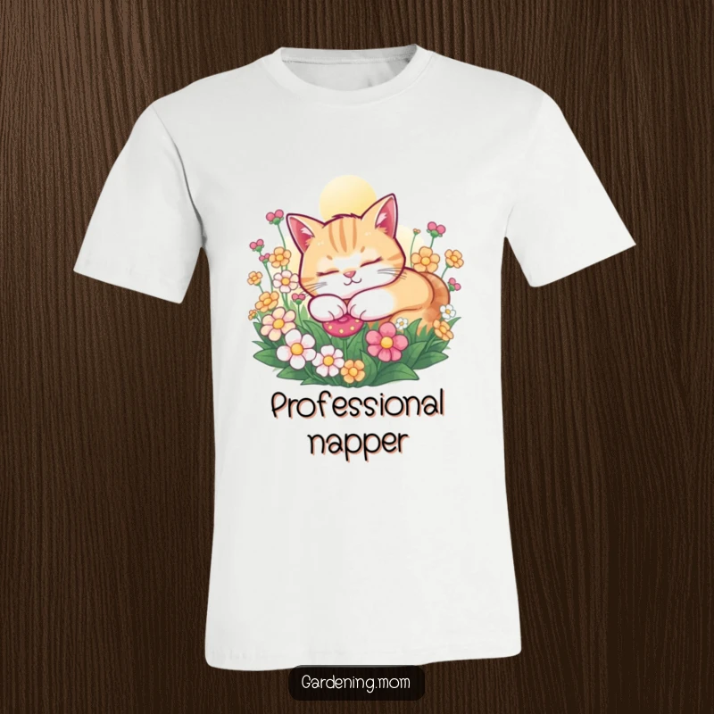 Funny Cat t-shirt depicting a contented cat sleeping peacefully in a sunny flower bed, perfect for relaxed and cute style.