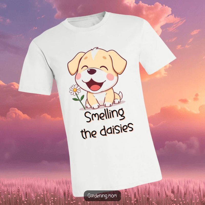 Funny mama dog t-shirt with a delighted expression, admiring a blooming daisy, radiating pure happiness and a love for nature.