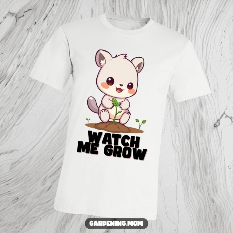 Funny t-shirt of a cheerful gardening animal character planting a tiny seed with excitement and dedication.