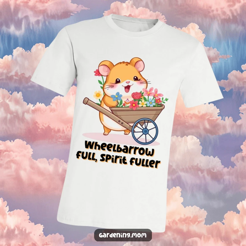 Funny T-Shirt: A cheerful hamster enthusiastically pushes a wheelbarrow packed with a rainbow of colorful flowers, celebrating gardening fun.