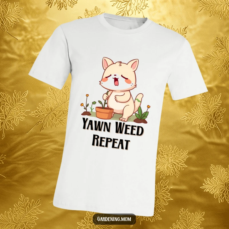 Funny gardening animal yawning mid-weed-pull, showcasing fierce determination despite evident sleepiness in the garden.