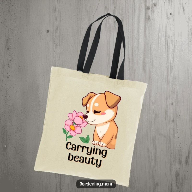 Funny dog admiring a blooming flower with pure delight, a stylish and humorous tote bag, perfect funny gift.