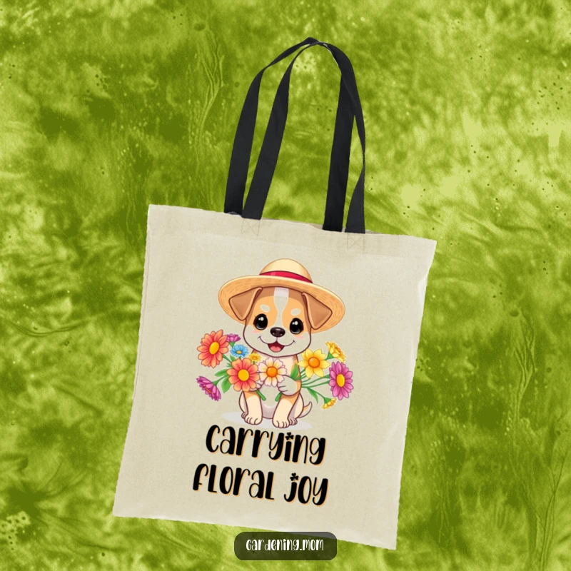 Funny dog in a sun hat holding flowers, a stylish and humorous tote bag, perfect for shopping, funny gift.