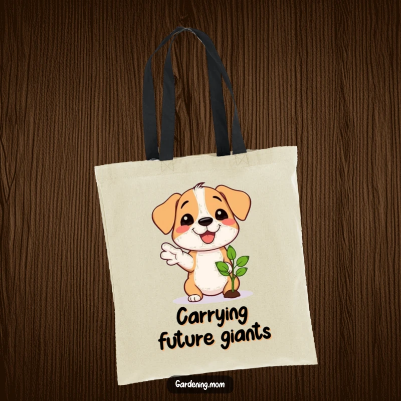 Funny tote bag featuring a proud dog gesturing towards a newly sprouted seedling with a happy, beaming smile.