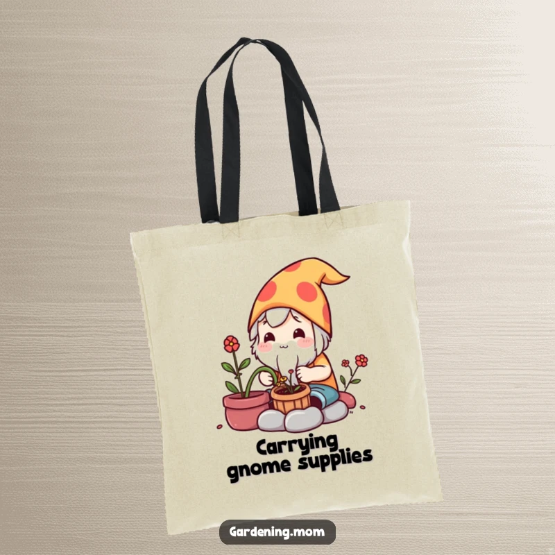 Funny Tote Bag: A kawaii gardening character meticulously crafts a small garden gnome, perfect for carrying supplies.