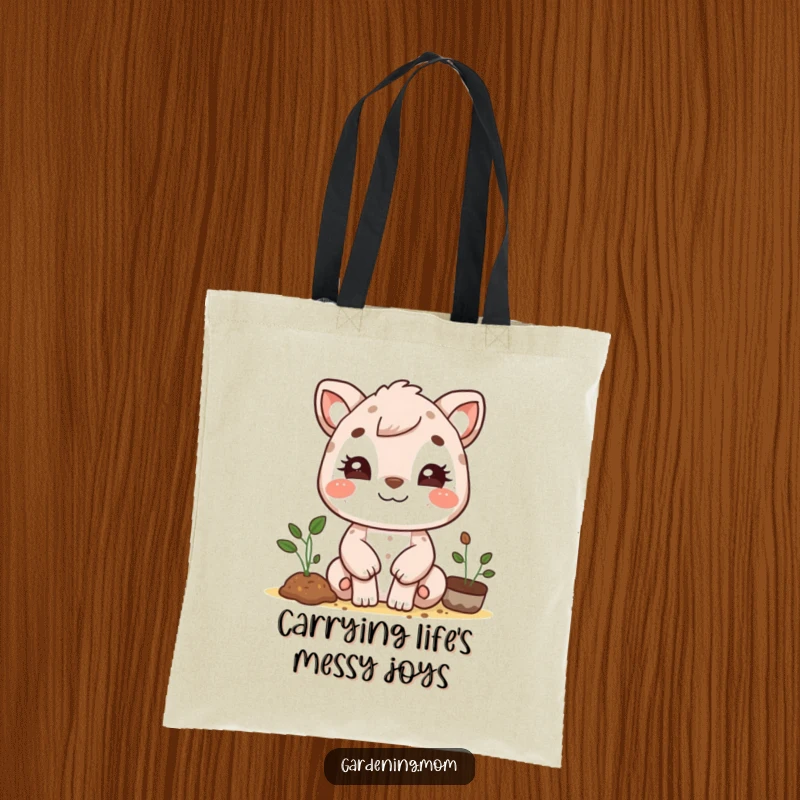 Funny gardening mom animal tote bag print: a beaming animal mom with dirt smudges on her cheeks, a happy gardener.
