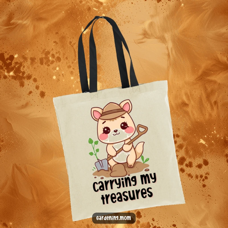 Funny tote bag depicting a happy gardening animal character digging with a small shovel, ready for adventure.