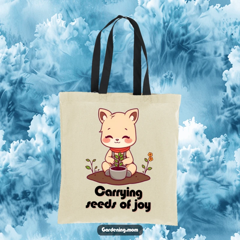 Funny tote bag illustrating a delightful gardening mom animal planting a tiny seedling, ideal for market trips and garden supply runs.