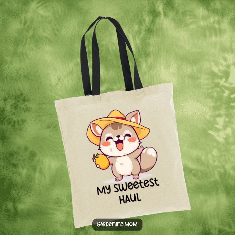 Funny tote bag with an excited animal wearing a sun hat, reaching for fruit, perfect for stylish summer shopping.