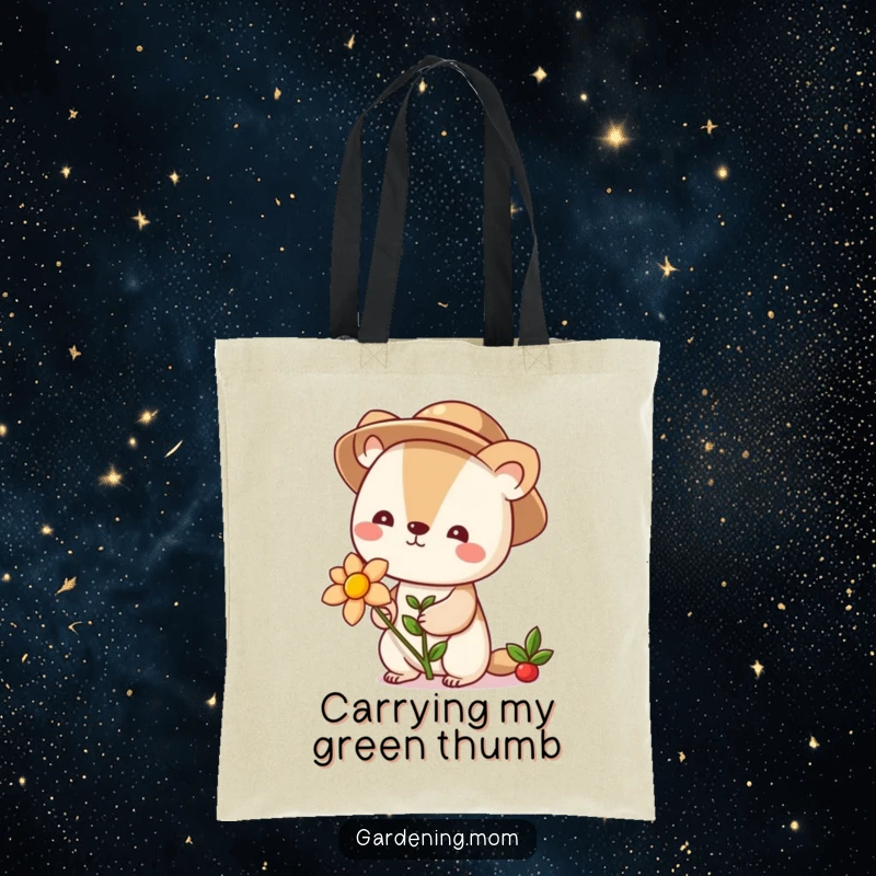 Funny gardener animal with a hat holding a blooming flower, a cute and practical tote bag design for carrying groceries or books.
