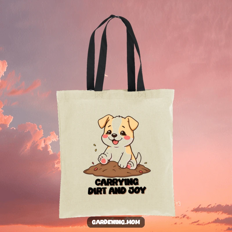 Funny tote bag featuring a dog happily shaking soil from its paws with a satisfied wag, ready for anything.