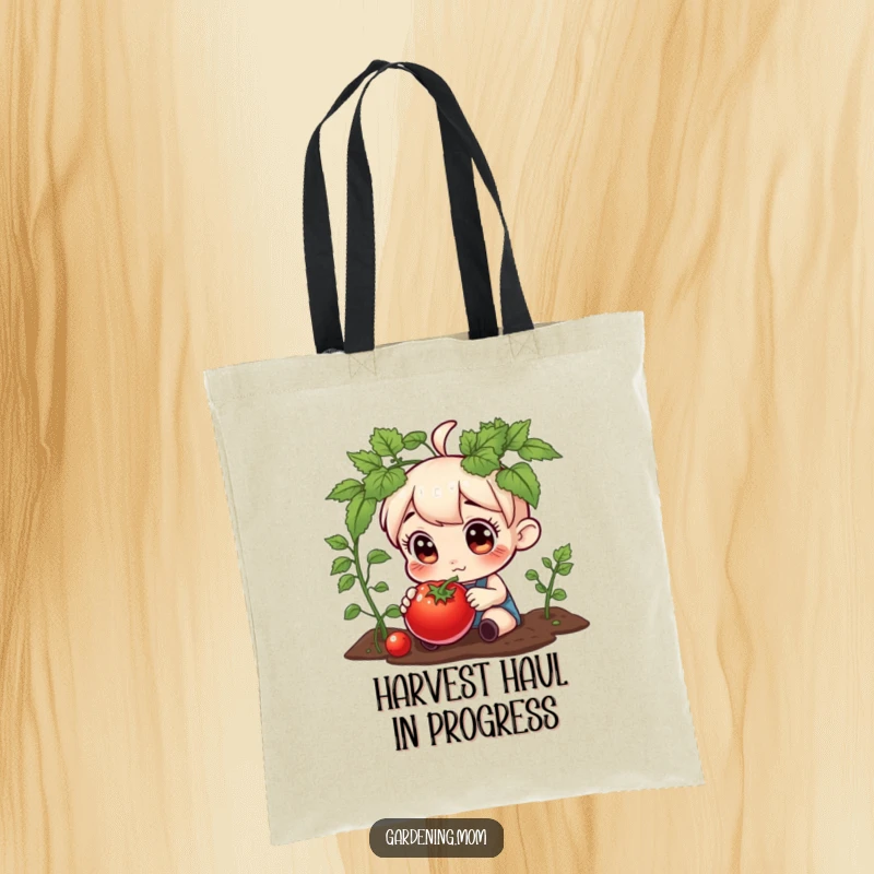 Funny tote bag with a curious gardening character marveling at a plump tomato, ideal for carrying produce or daily essentials.