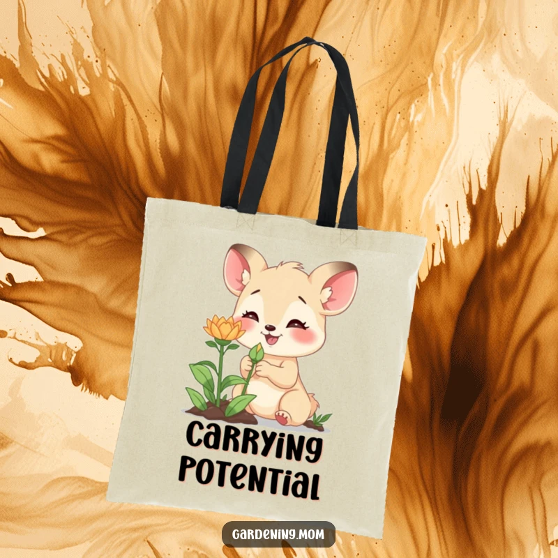 Funny tote bag illustrating a delightful gardening mom animal excitedly examining a new bud, perfect for carrying gardening supplies.