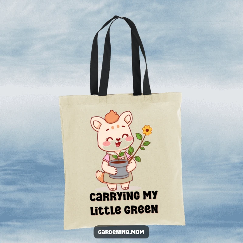 Funny tote bag with a cheerful gardening mom animal character holding a potted sprout, ready for garden errands and plant transport.