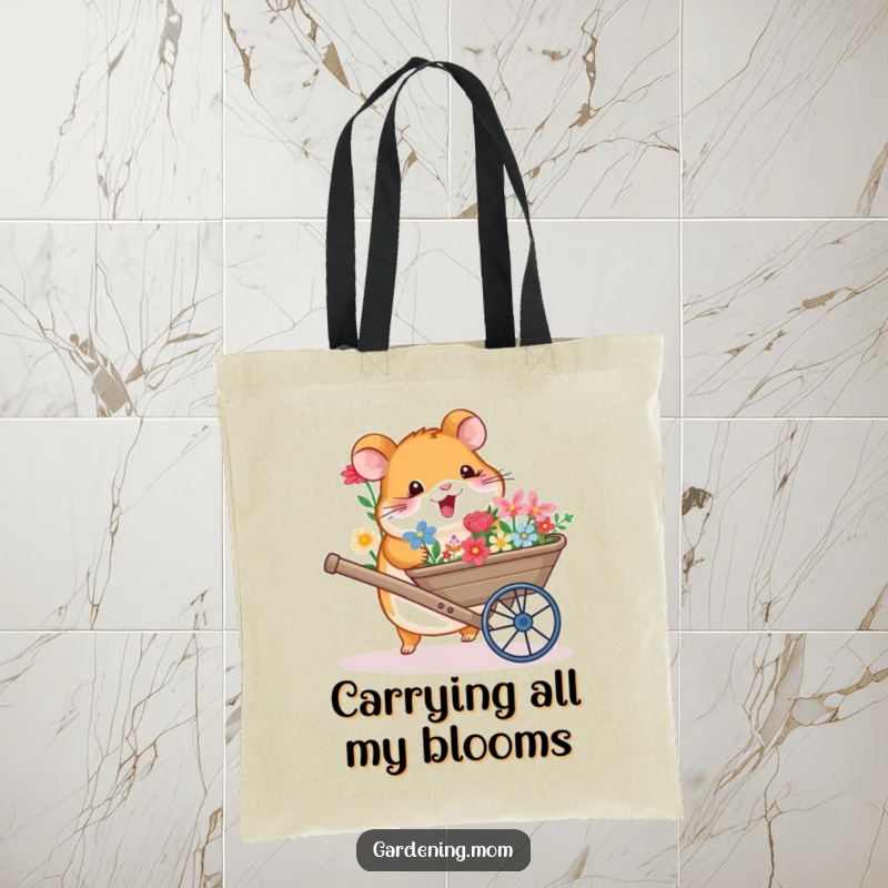 Funny tote bag with a happy hamster pushing a wheelbarrow overflowing with vibrant, colorful flowers, perfect for shoppers.