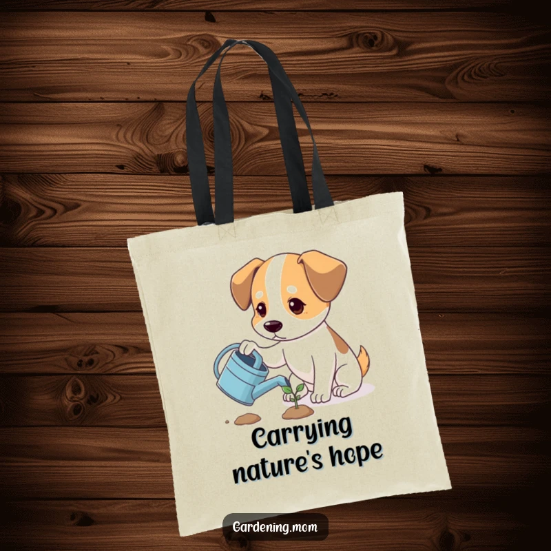 Funny dog watering a tiny sprout, looking hopeful, a multipurpose tote bag, great funny gift.