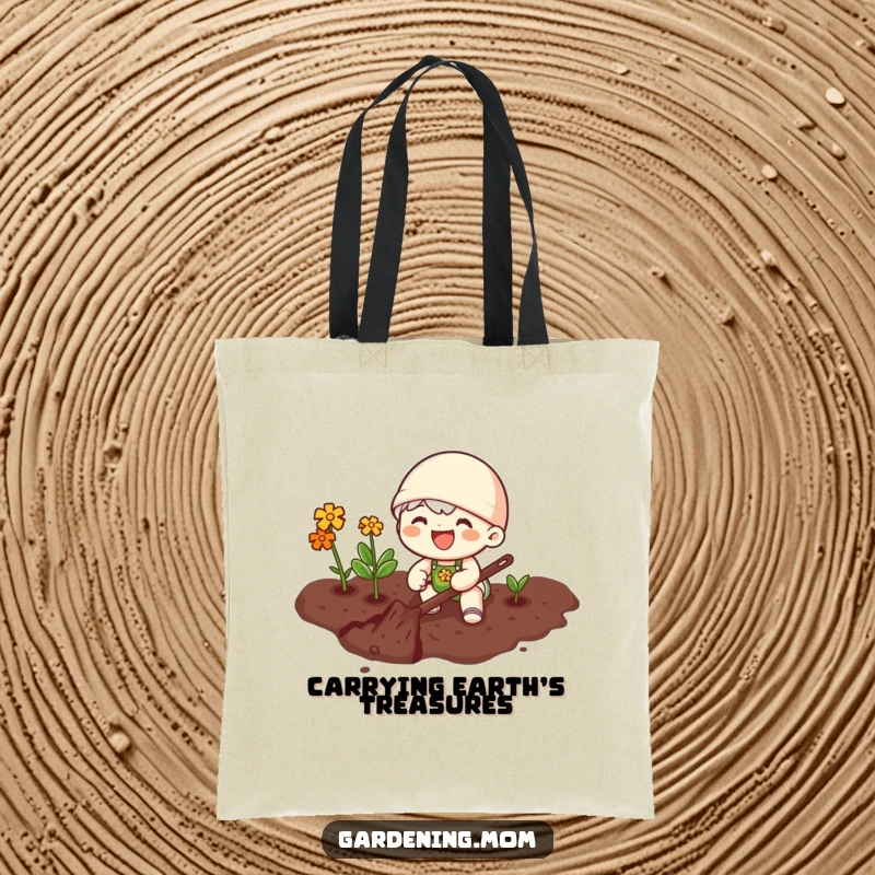 Funny tote bag with a joyful gardening character happily digging in rich soil, perfect for carrying produce or tools.