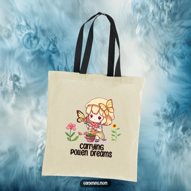 Funny Tote Bag: A kawaii gardening character gazes in awe at a whimsical butterfly on a flower.