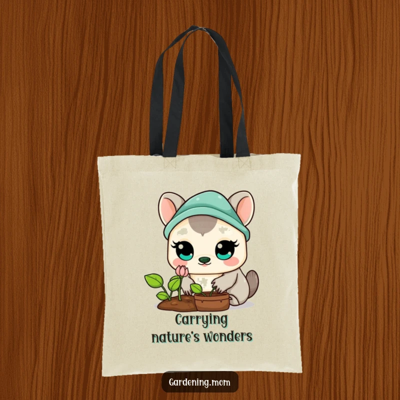 Funny Kawaii Gardening Animal Tote Bag: A cute animal with large, amazed eyes, observing a small, vibrant sprout with fascination.