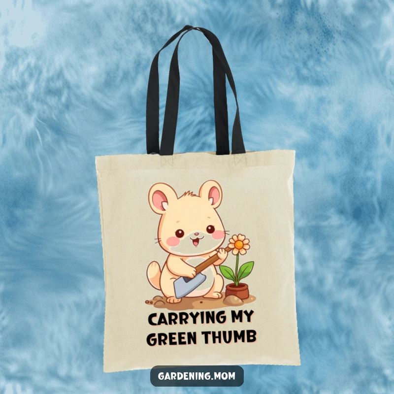 Funny Kawaii Gardening Animal Tote Bag: A delightful creature with a trowel, planting a flower, perfect for groceries or garden supplies.