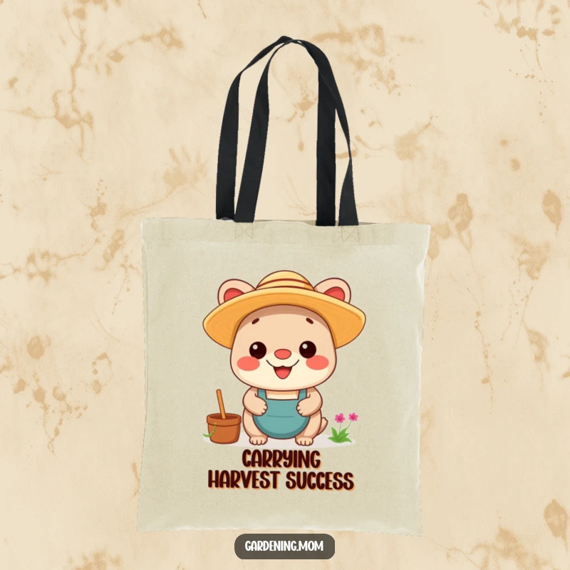 Funny Kawaii Gardening Animal Tote Bag: A smiling creature in a straw hat, showcasing pride, perfect for market trips or garden supplies.