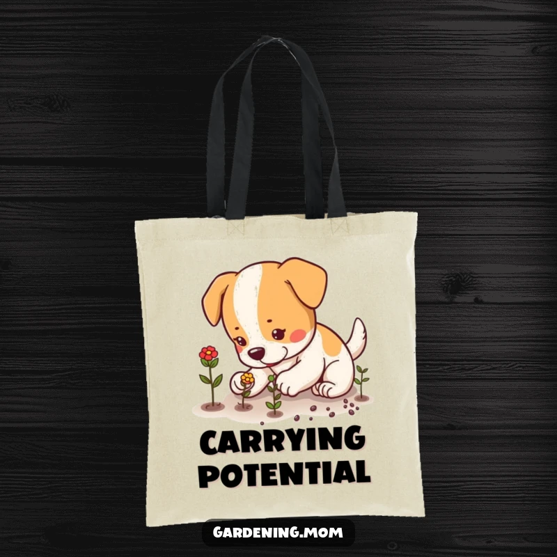 Funny dog carefully planting seeds with small, focused paws, a practical and humorous tote bag, perfect funny gift.
