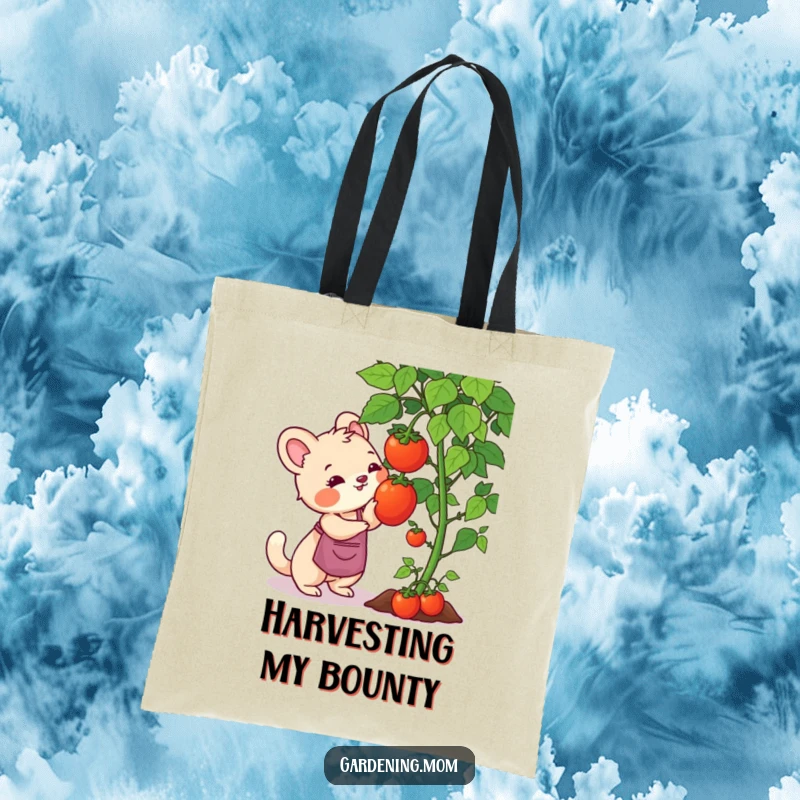 Funny gardening mom animal tote bag print: an animal mom reaching for a ripe tomato hanging from a garden vine.