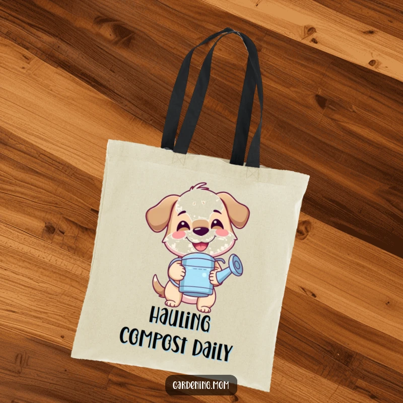 Funny mama dog tote bag with a big smile, holding a watering can, ready for gardening adventures with a cheerful spirit.