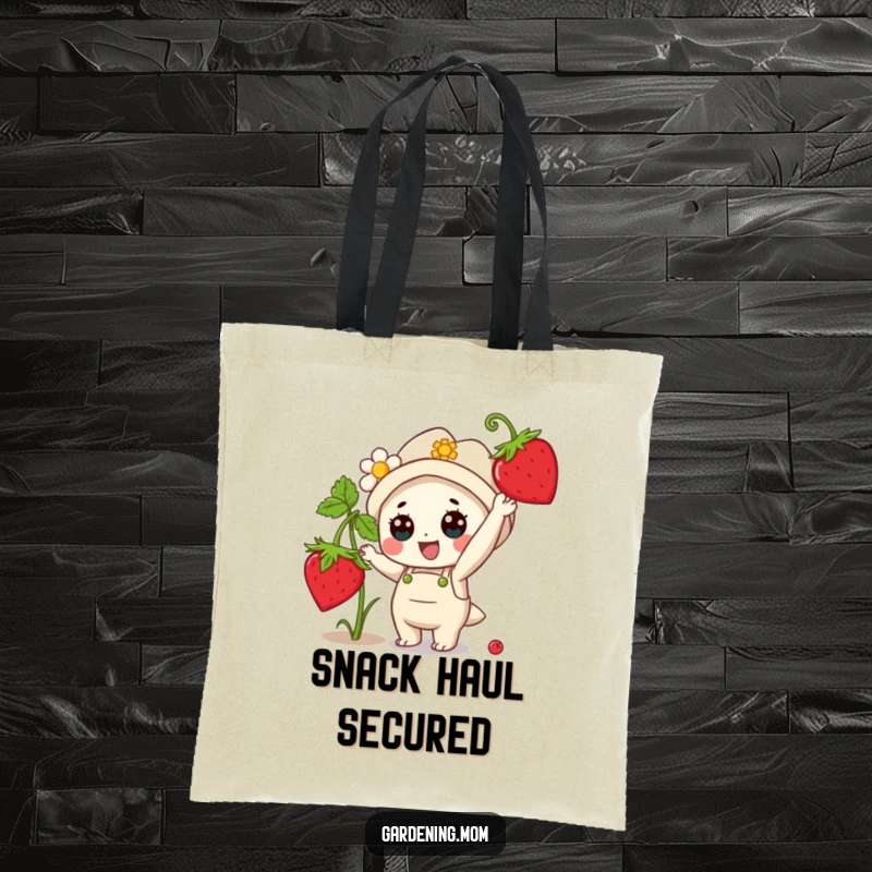Funny Tote Bag: A kawaii gardening character gleefully reaching for a ripe strawberry, perfect for shopping.