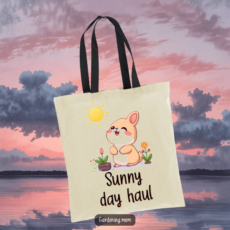 Funny Kawaii Gardening Animal Tote Bag Looking Up at the Sun, Cute and Cheerful Accessory.